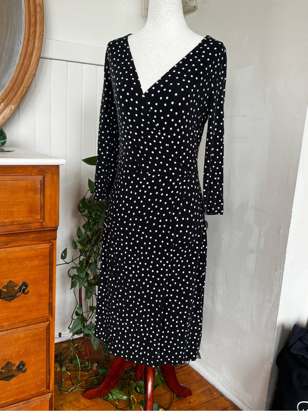 Black Polka Dot Long-Sleeve Wrap Midi Dress